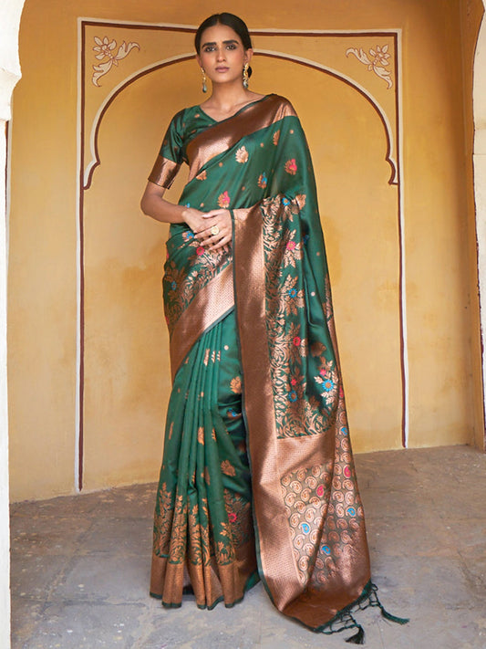 Green Banarasi Silk Woven Dual Tone Floral Design Saree with Unstitched Blouse Piece Janasya