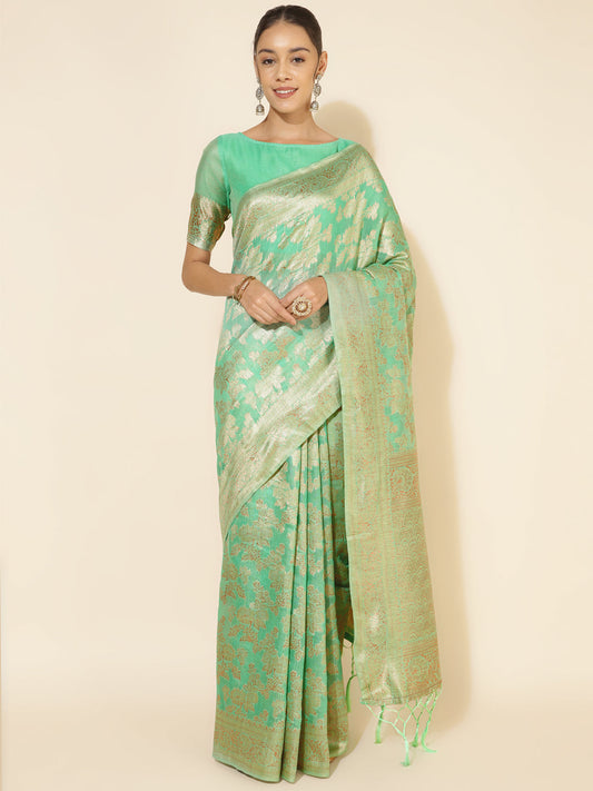 Green Chanderi Silk Floral Saree with Unstitched Blouse Piece Janasya