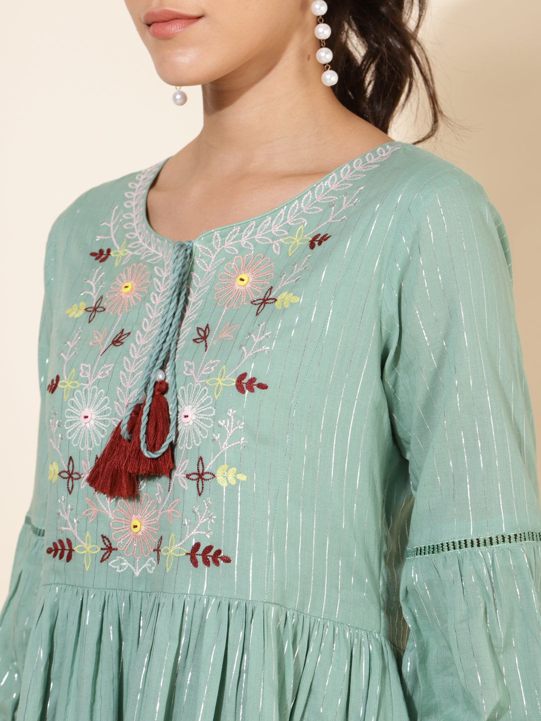 Green Cotton Yoke Embroidery Gathered Dress Janasya