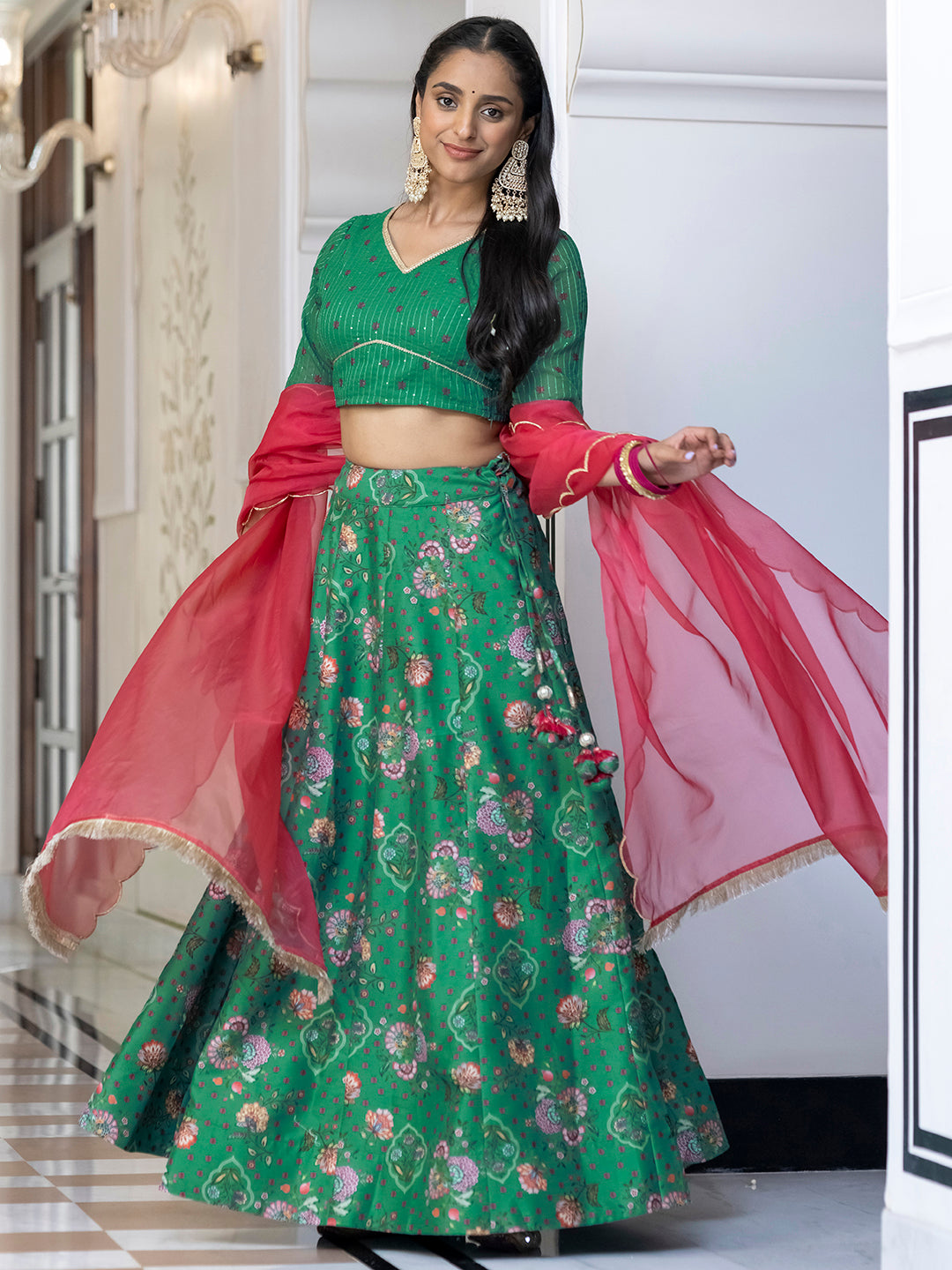 Pista-Green Pure Organza Embellished Designer Lehenga Choli with Pink  Dupatta | Exotic India Art