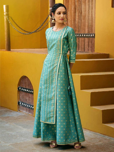 Hema Henna Green Kanchi Cotton Ethnic Gown with Ajrakh Detailing | Sho –  Shobitam