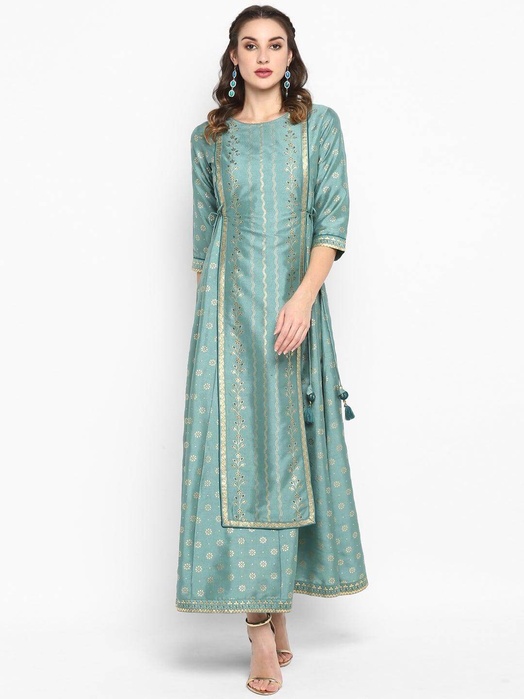 Green Rayon Crepe Foil Print Flared Ethnic Dress Janasya