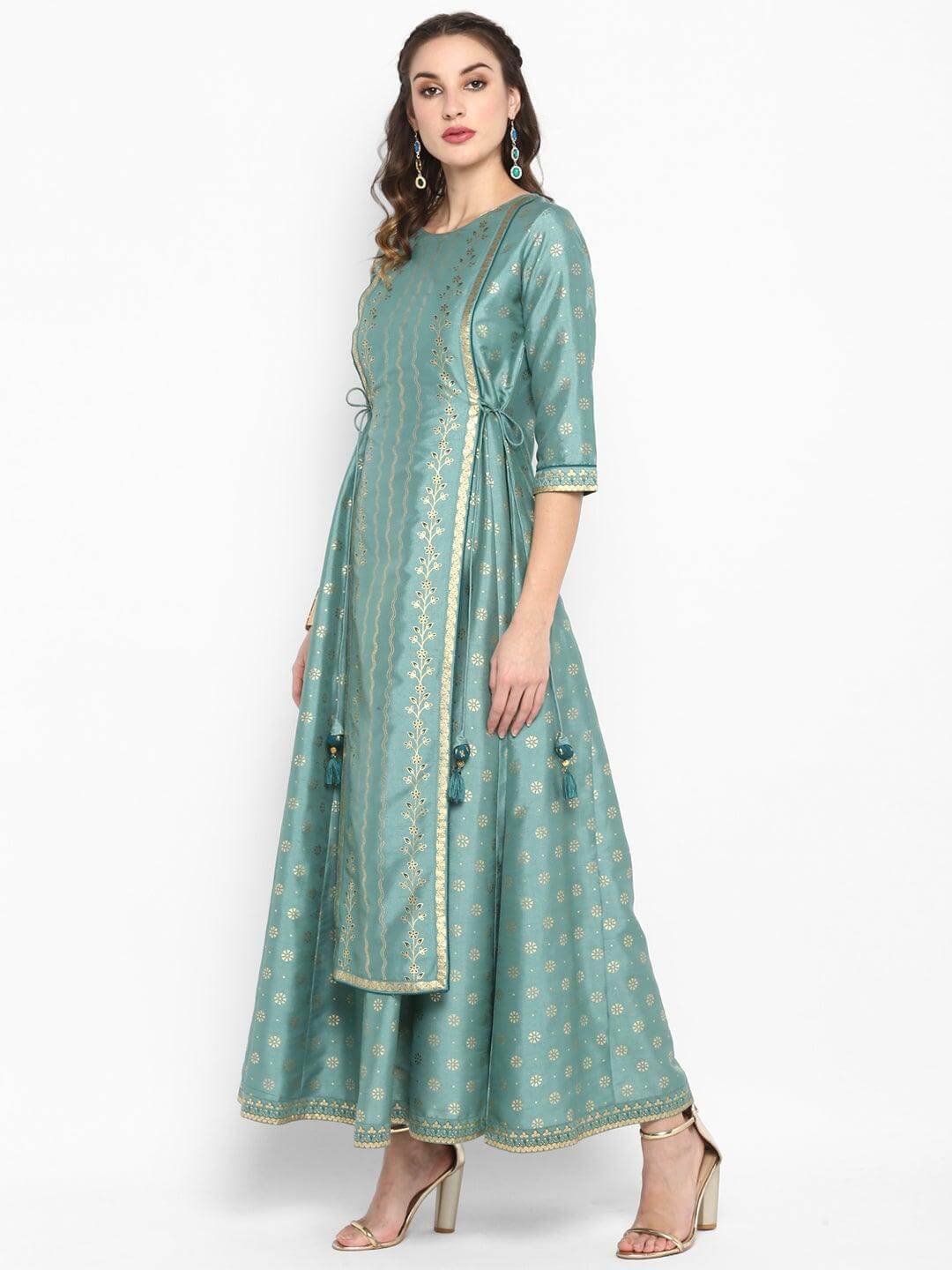 Green Rayon Crepe Foil Print Flared Ethnic Dress Janasya