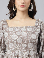 Grey Cotton Floral Print Flared Western Dress Janasya