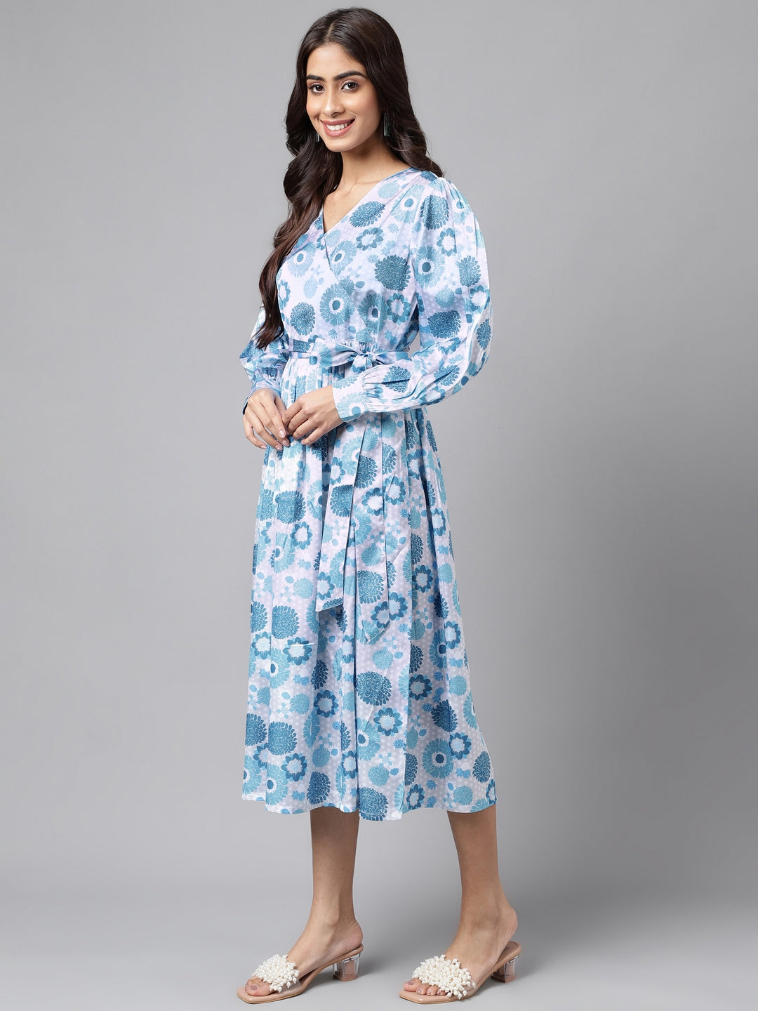 Grey Satin Digital Floral Printed Flared Dress Janasya
