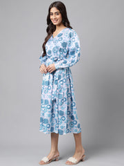 Grey Satin Digital Floral Printed Flared Dress Janasya