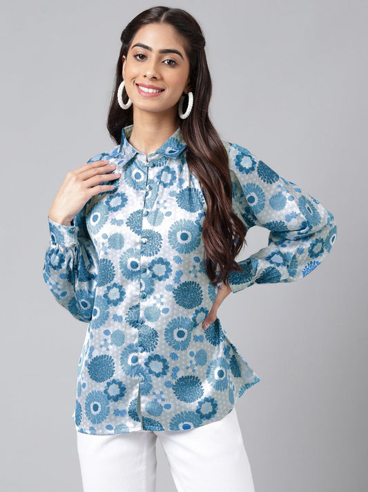 Grey Satin Digital Floral Printed Shirt Style Top Janasya