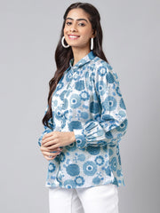 Grey Satin Digital Floral Printed Shirt Style Top Janasya