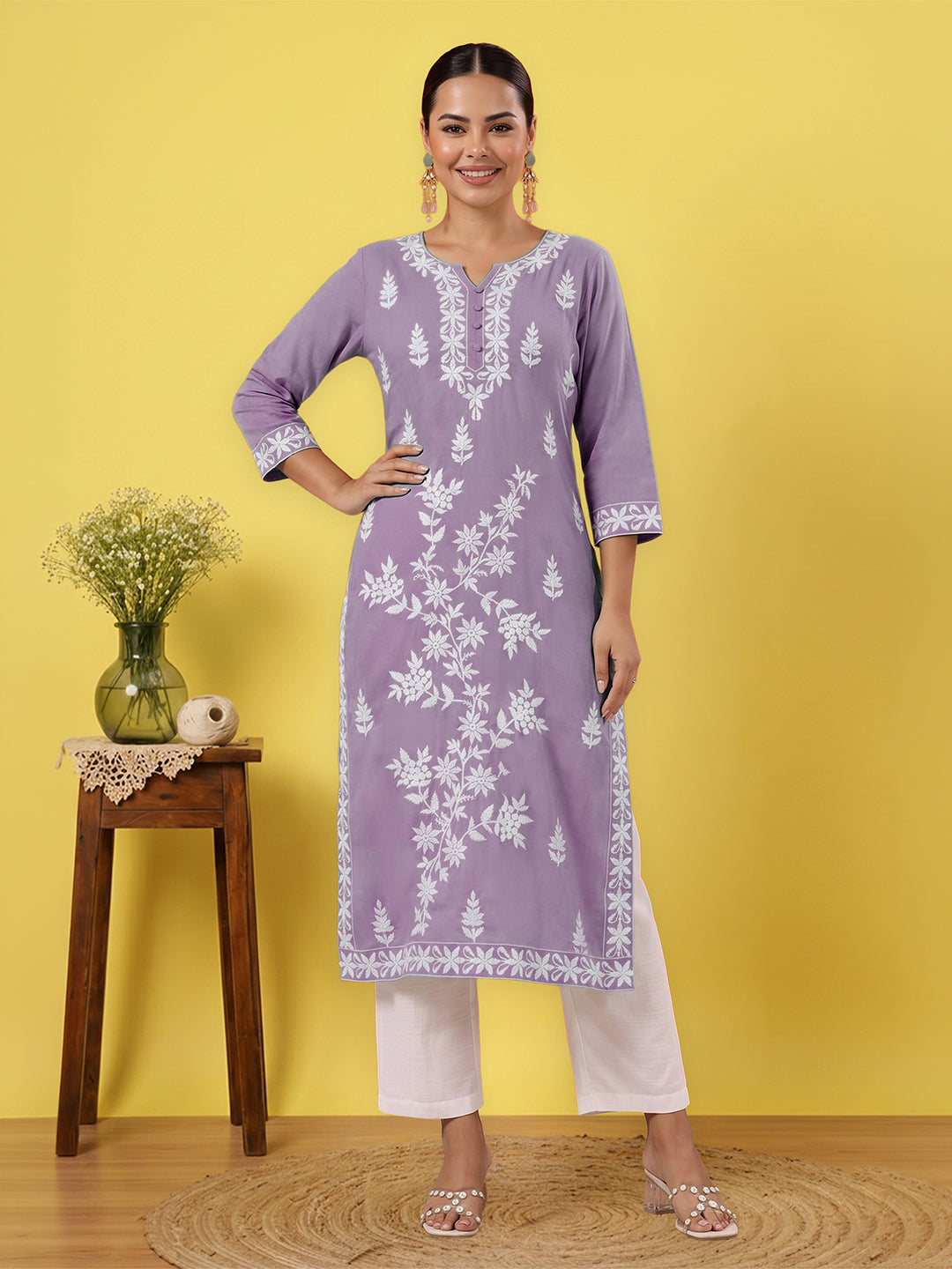 Janasya Women's Light Purple Pure Cotton Embroidered Straight Kurta