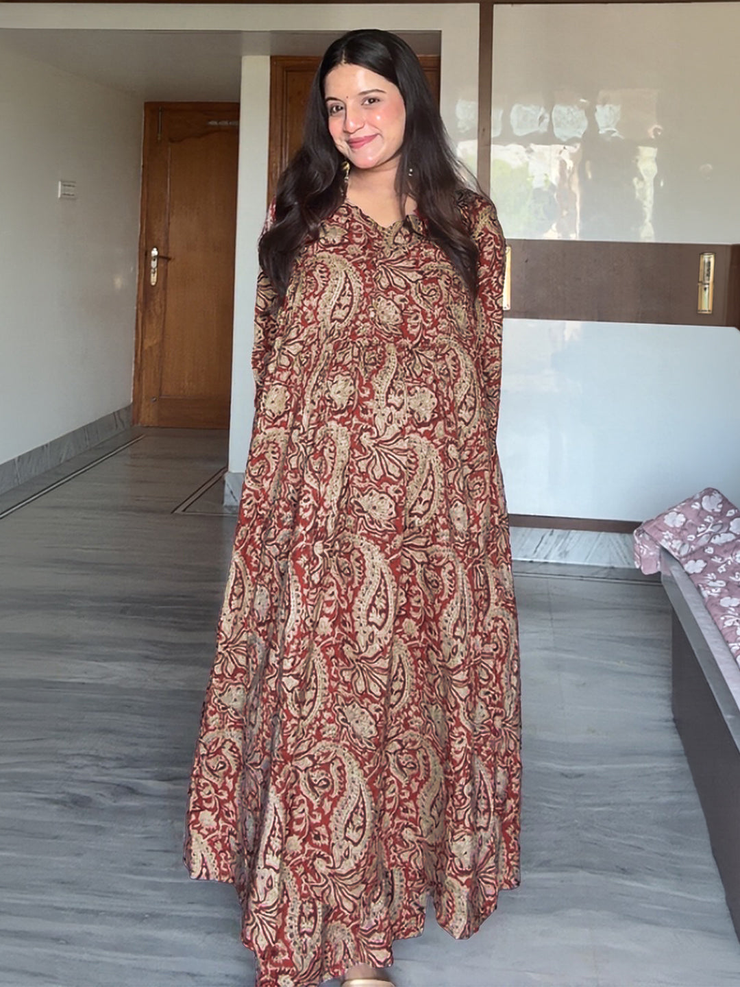 Janasya Women's Maternity Maroon Pure Cotton Paisley Printed A-Line Kurta Pant Set