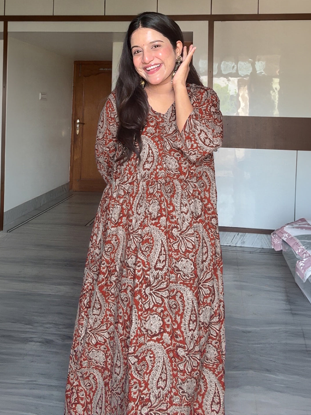 Janasya Women's Maternity Maroon Pure Cotton Paisley Printed A-Line Kurta Pant Set