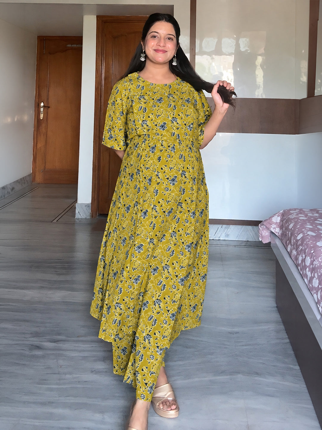 Janasya Women's Maternity Lime Yellow Pure Cotton Floral Printed A-Line Kurta Pant Set
