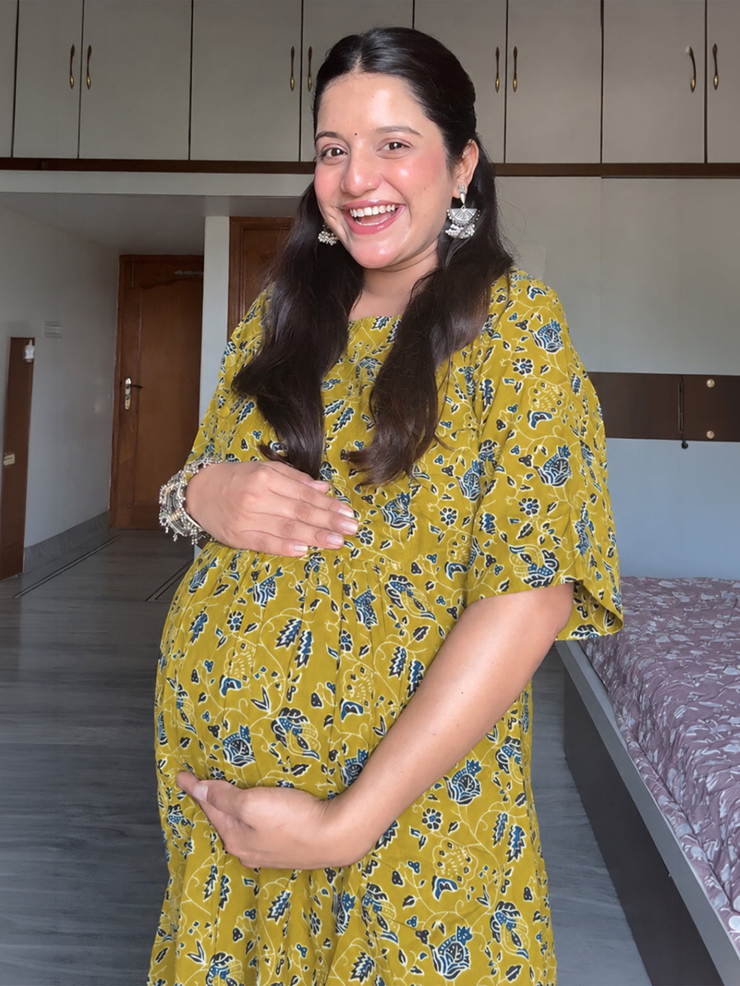 Janasya Women's Maternity Lime Yellow Pure Cotton Floral Printed A-Line Kurta Pant Set