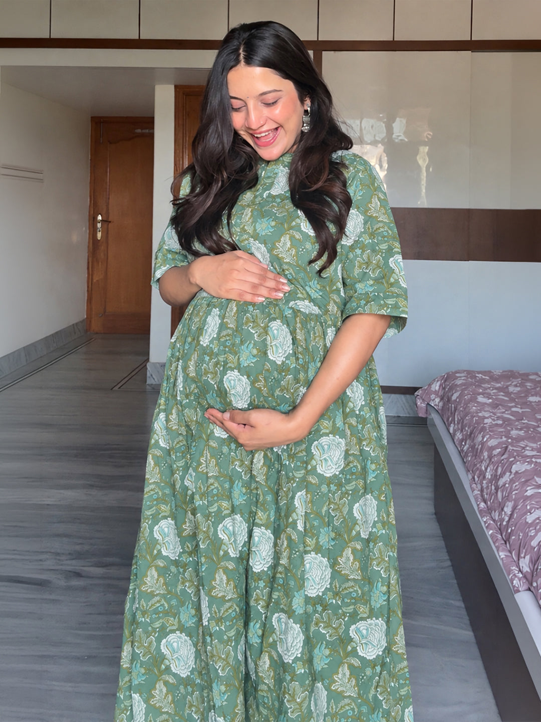 Janasya Women's Maternity Sage Green Pure Cotton Floral Printed A-Line Kurta