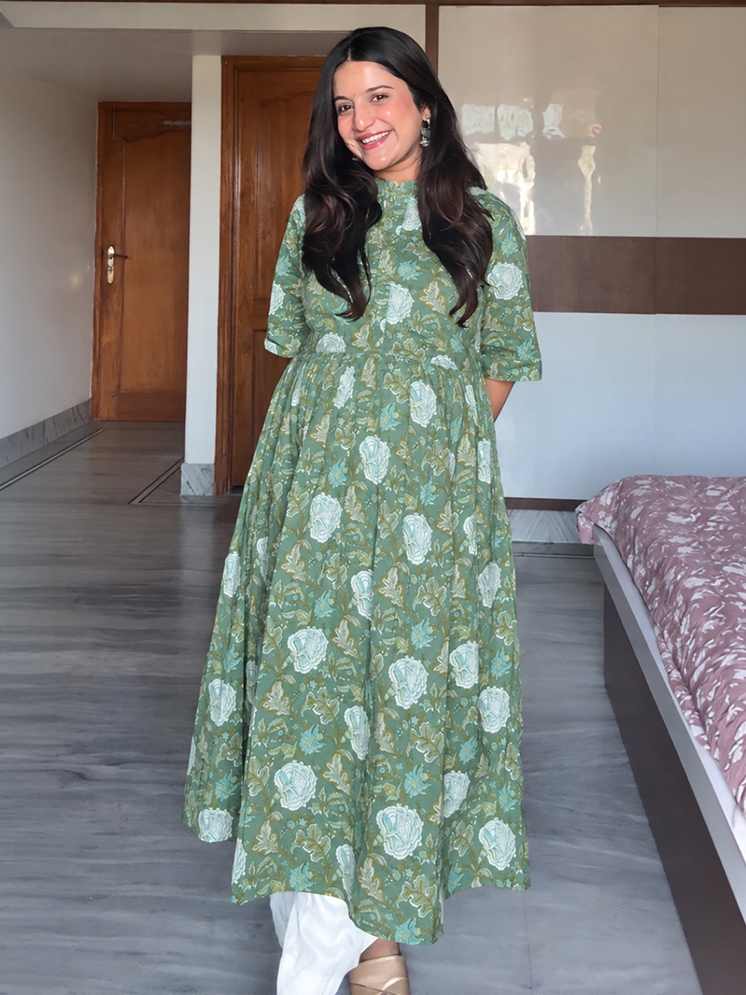 Janasya Women's Maternity Sage Green Pure Cotton Floral Printed A-Line Kurta