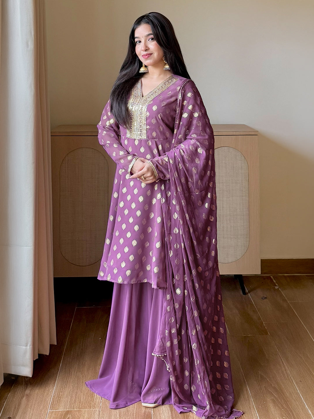 Janasya Women's Purple Georgette Embellished Gold Printed A-line Kurta With Sharara & Dupatta Set