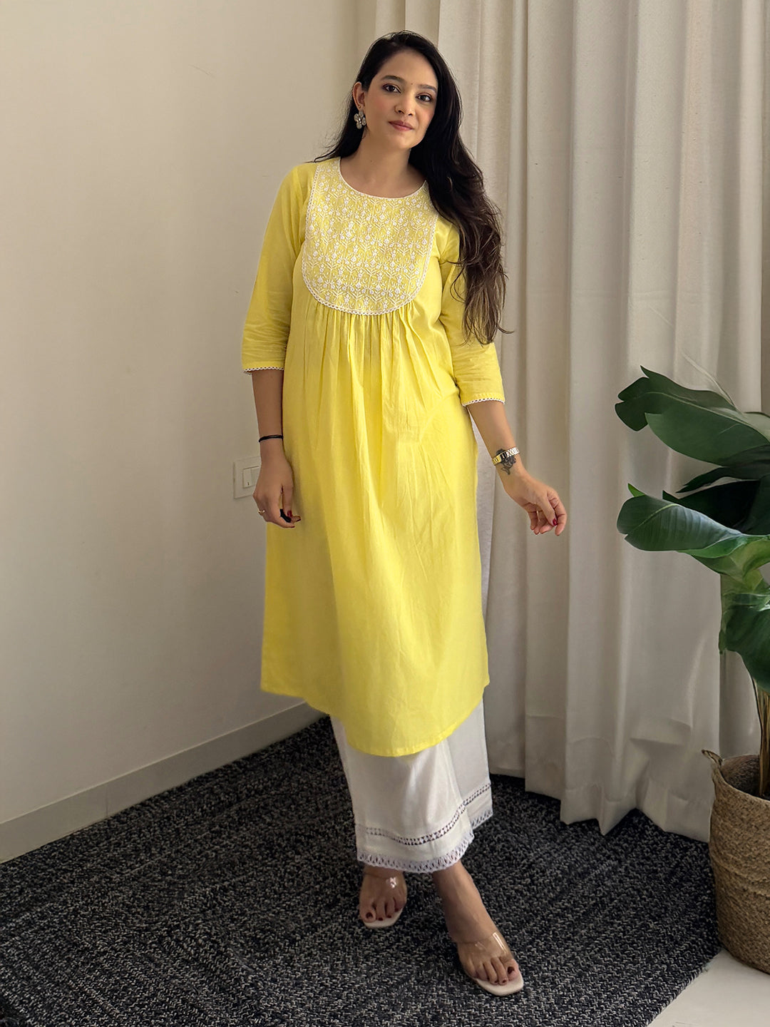 Janasya Women's Yellow Pure Cotton Yoke Embroidered A-Line Kurta