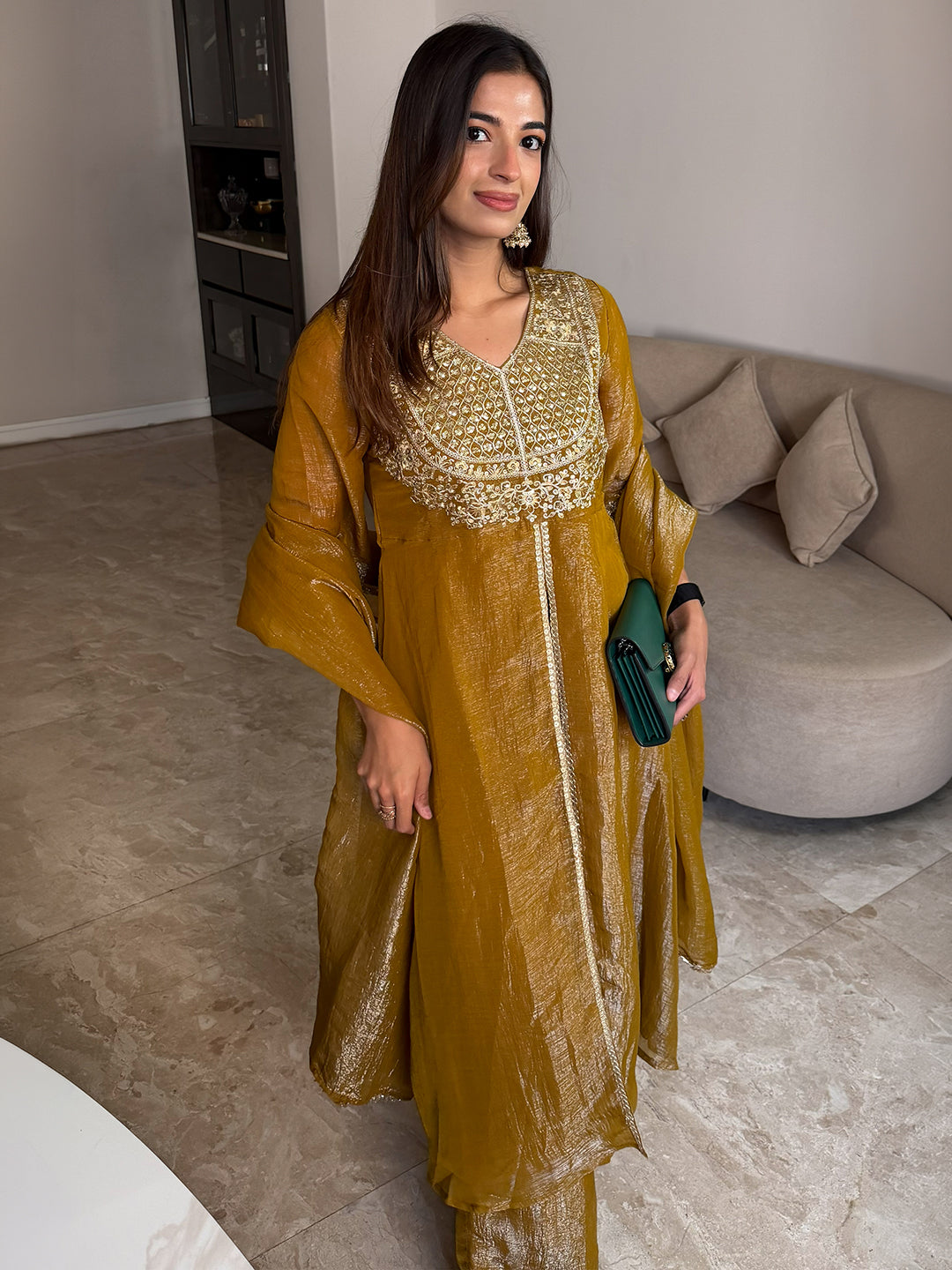 Janasya Women’s Olive Mustard Silk Blend Floral Embroidered A-Line Front-Open Kurta Set