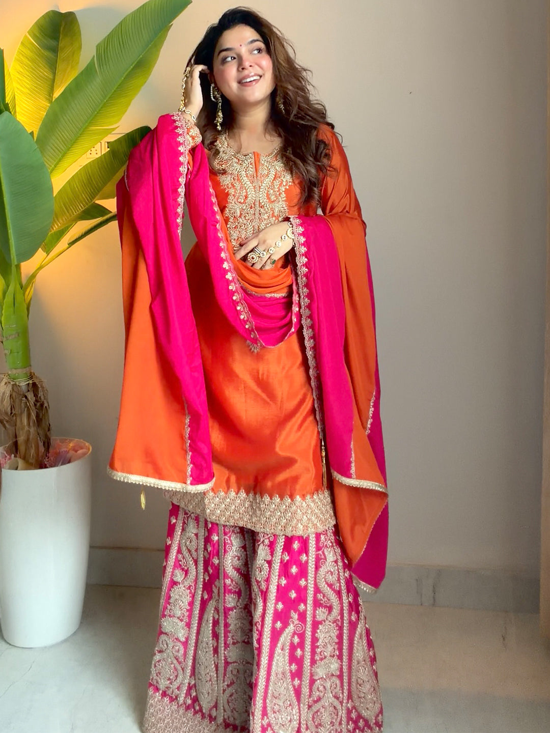 Janasya Women's Orange Silk Blend Floral Zari Embroidered Straight Kurta and Sharara Set with Dupatta