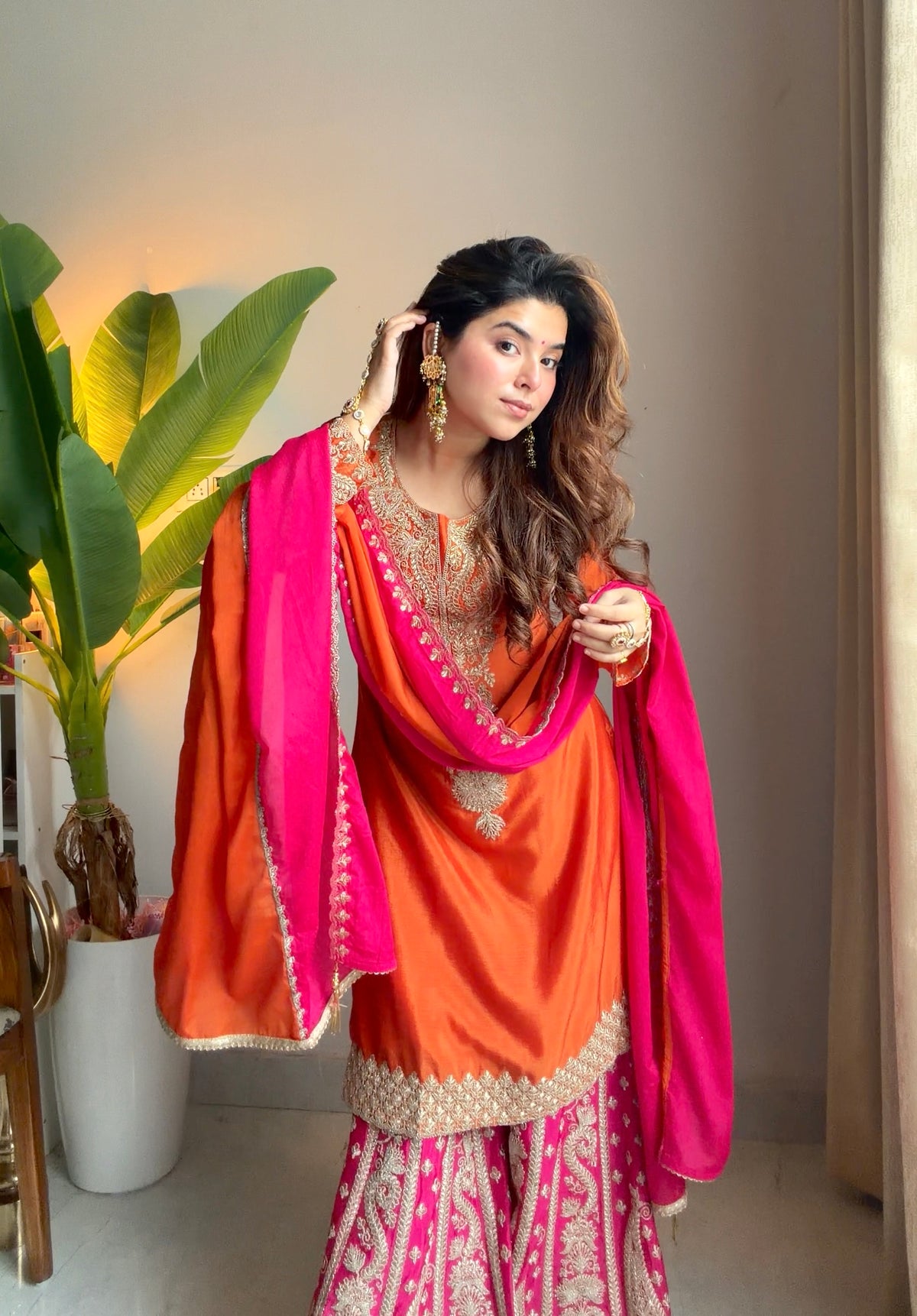 Janasya Women's Orange Silk Blend Floral Zari Embroidered Straight Kurta and Sharara Set with Dupatta