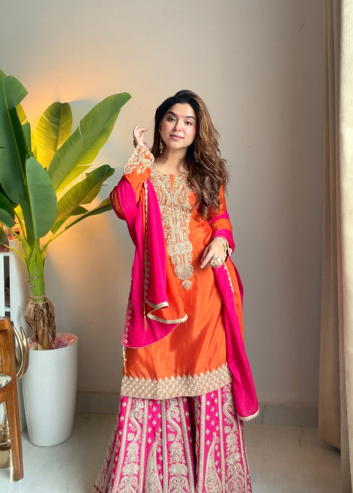 Janasya Women's Orange Silk Blend Floral Zari Embroidered Straight Kurta and Sharara Set with Dupatta