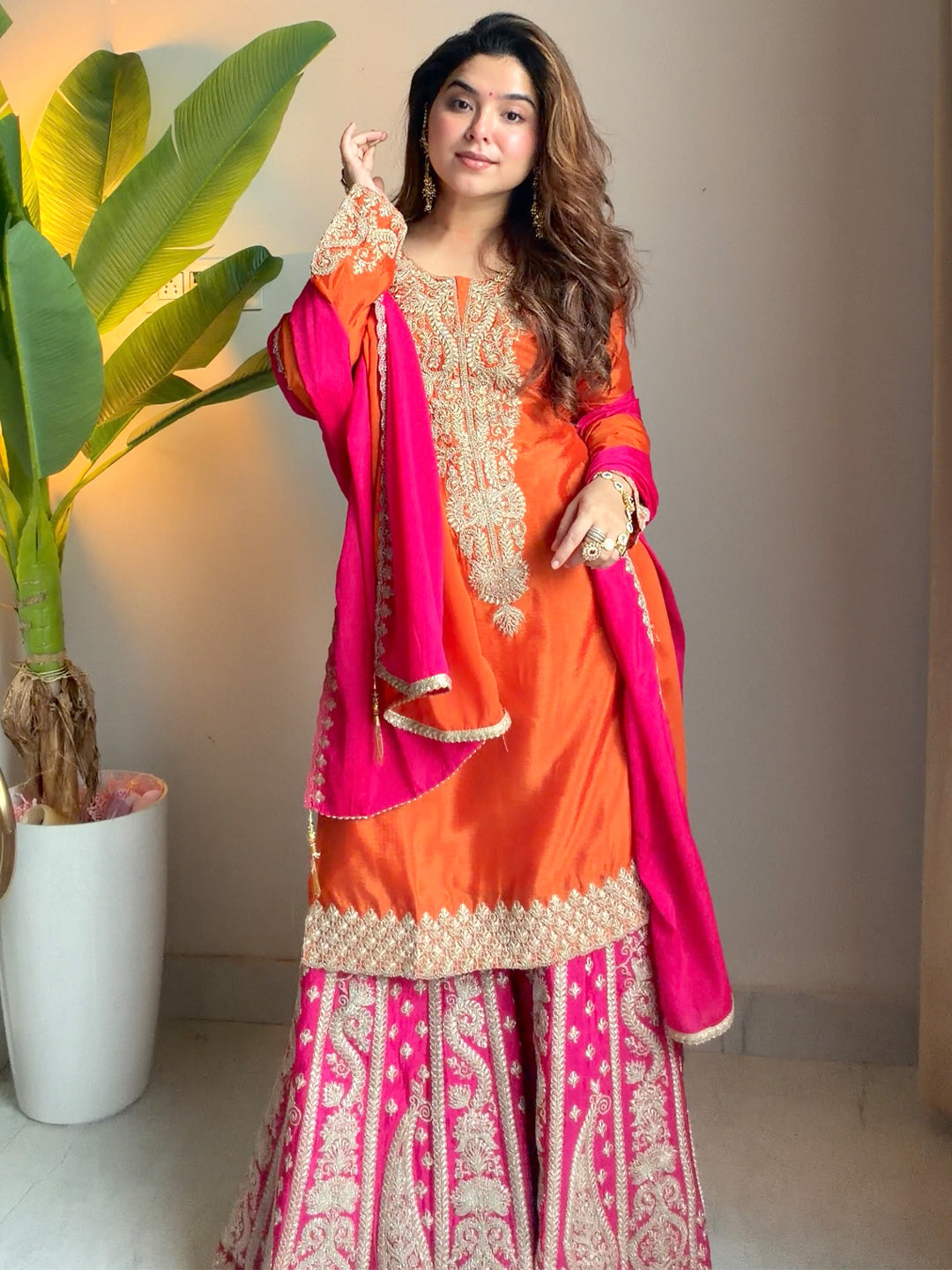 Janasya Women's Orange Silk Blend Floral Zari Embroidered Straight Kurta and Sharara Set with Dupatta