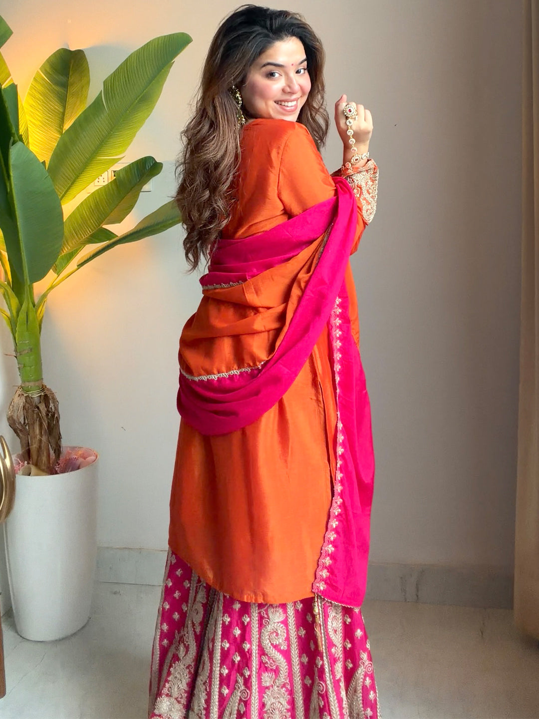 Janasya Women's Orange Silk Blend Floral Zari Embroidered Straight Kurta and Sharara Set with Dupatta