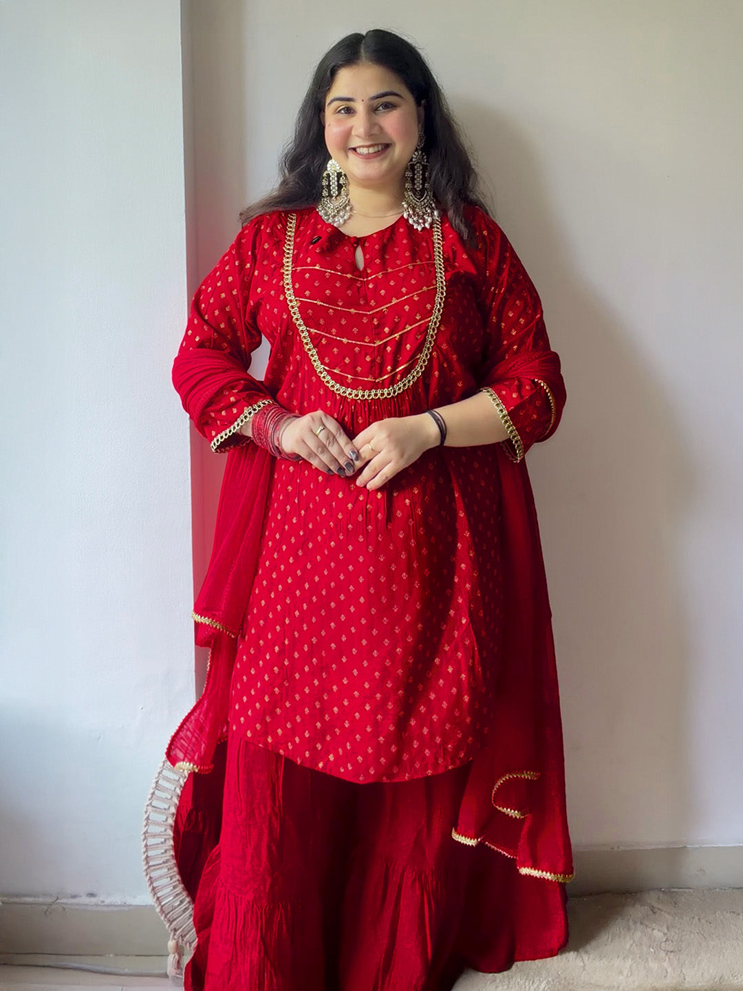 Janasya Women's Red Rayon Embellished Gold Printed A-line Kurta With Sharara & Dupatta Set
