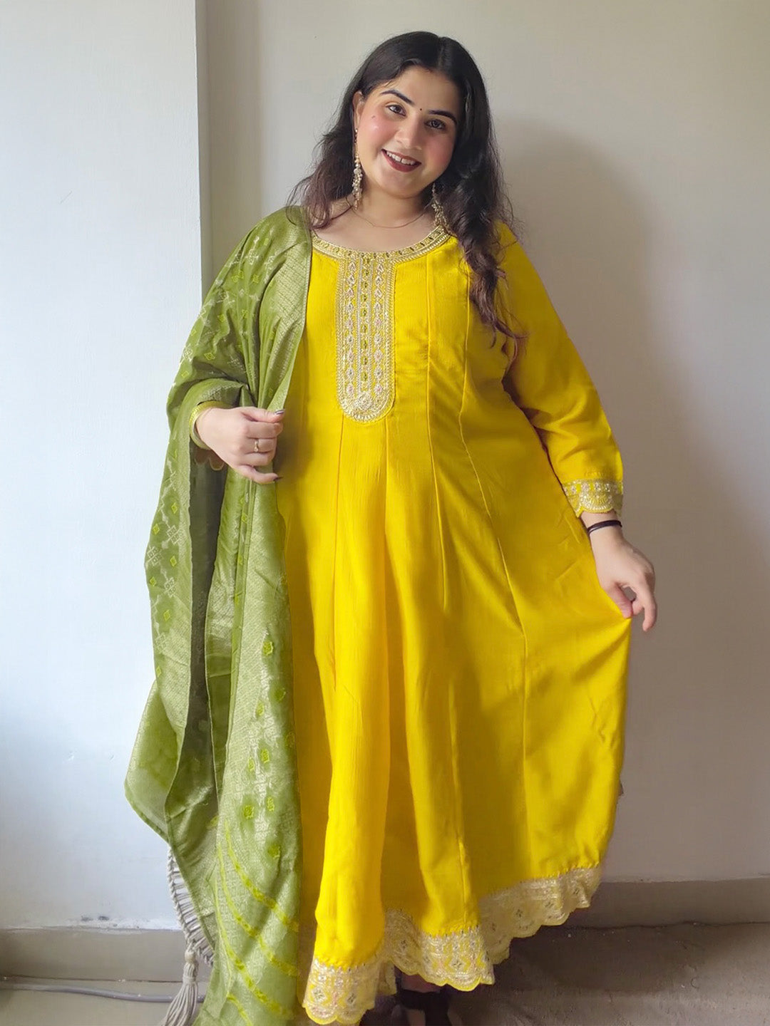 Janasya Women's Plus Size Yellow Silk Blend Yoke Embroidered Embellished Anarkali Kurta Set