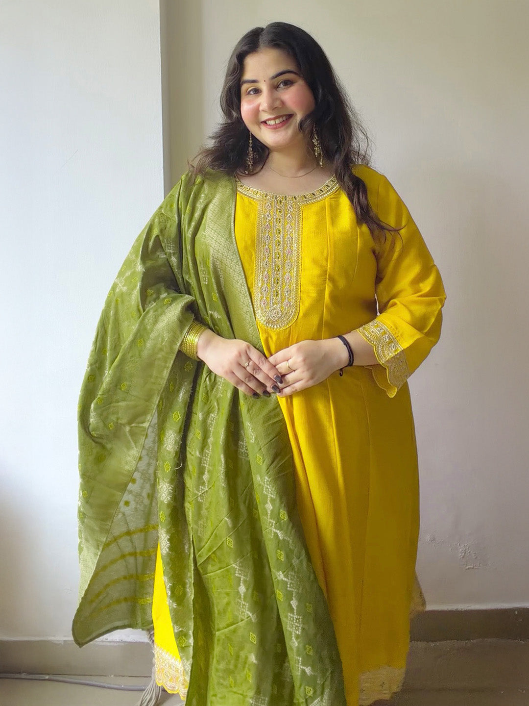 Janasya Women's Plus Size Yellow Silk Blend Yoke Embroidered Embellished Anarkali Kurta Set