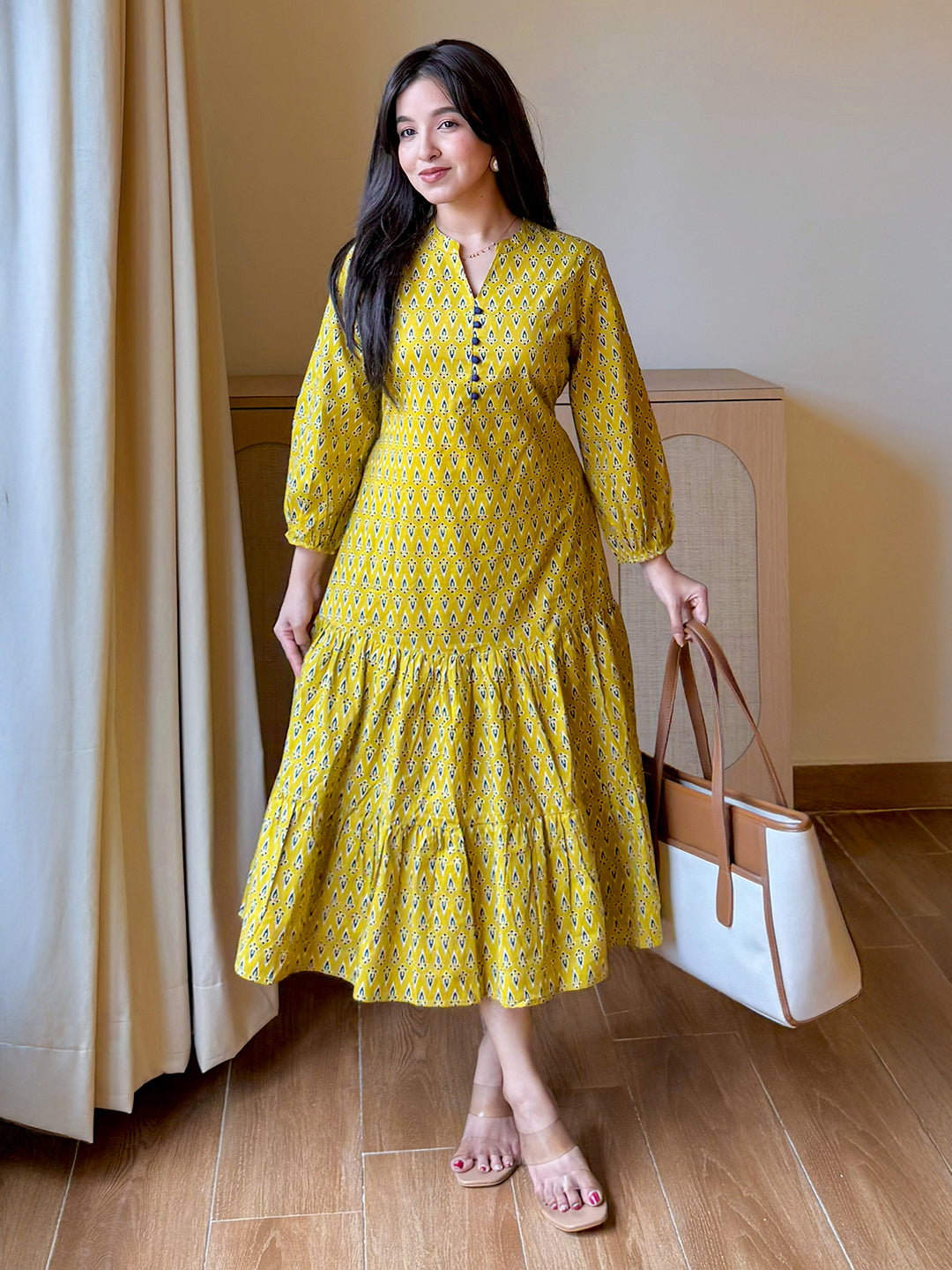 mustard yellow fit and flare dress Yellow Cotton Poplin Fit and Flare Midi Empire Dress 58" / Custom Height (Free)