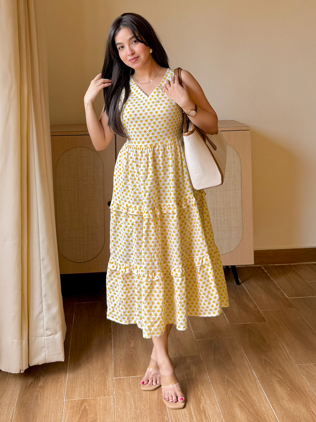 Janasya Women's Yellow Pure Cotton Floral Printed Tiered Dress