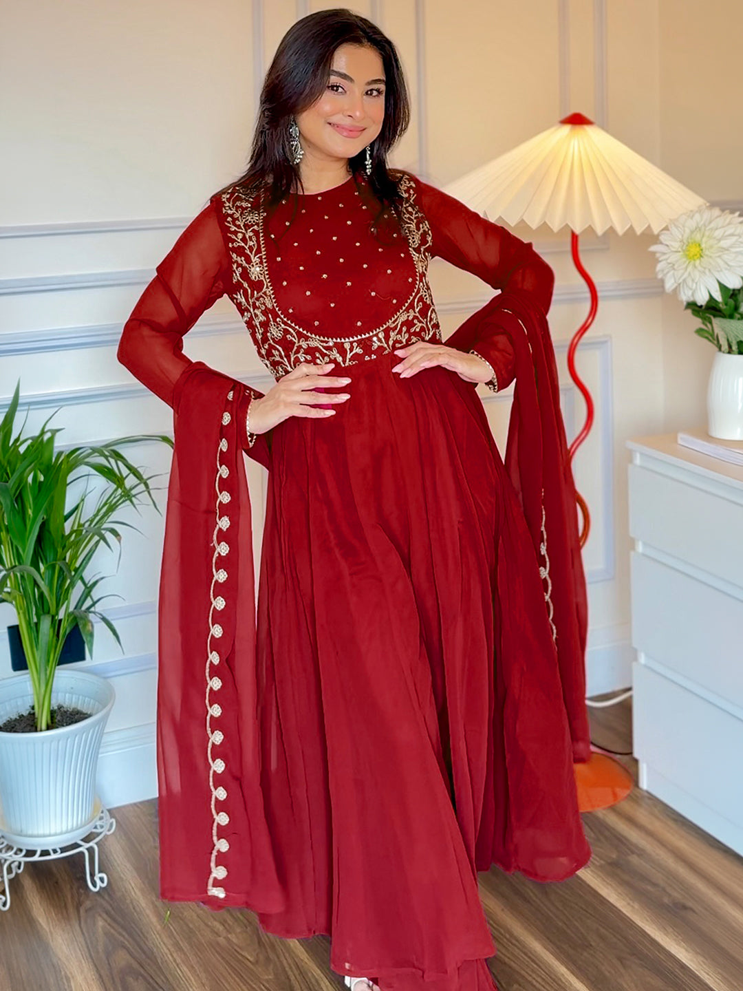 Maroon Georgette Embroidered Anarkali Kurta Set