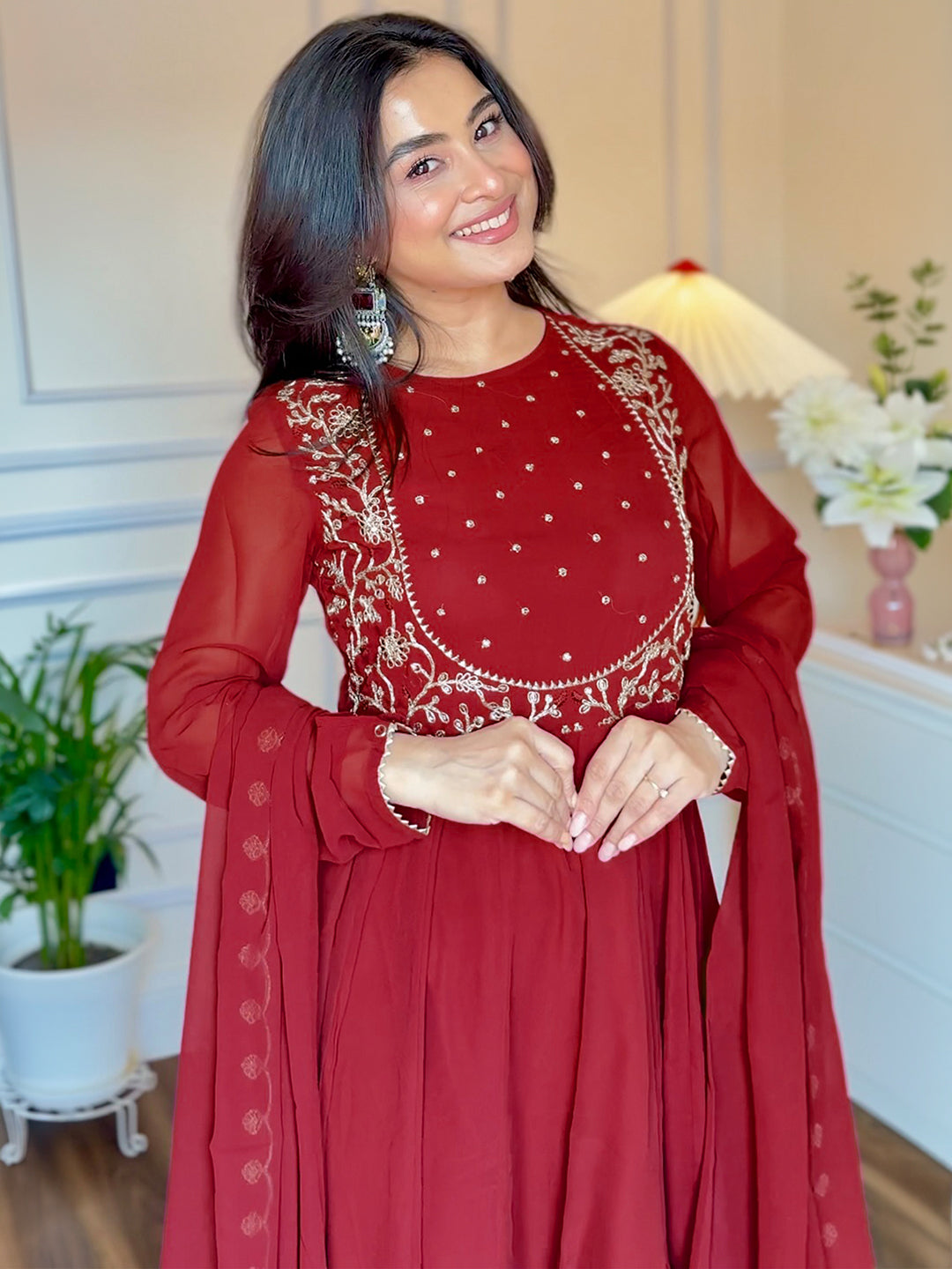 Maroon Georgette Embroidered Anarkali Kurta Set