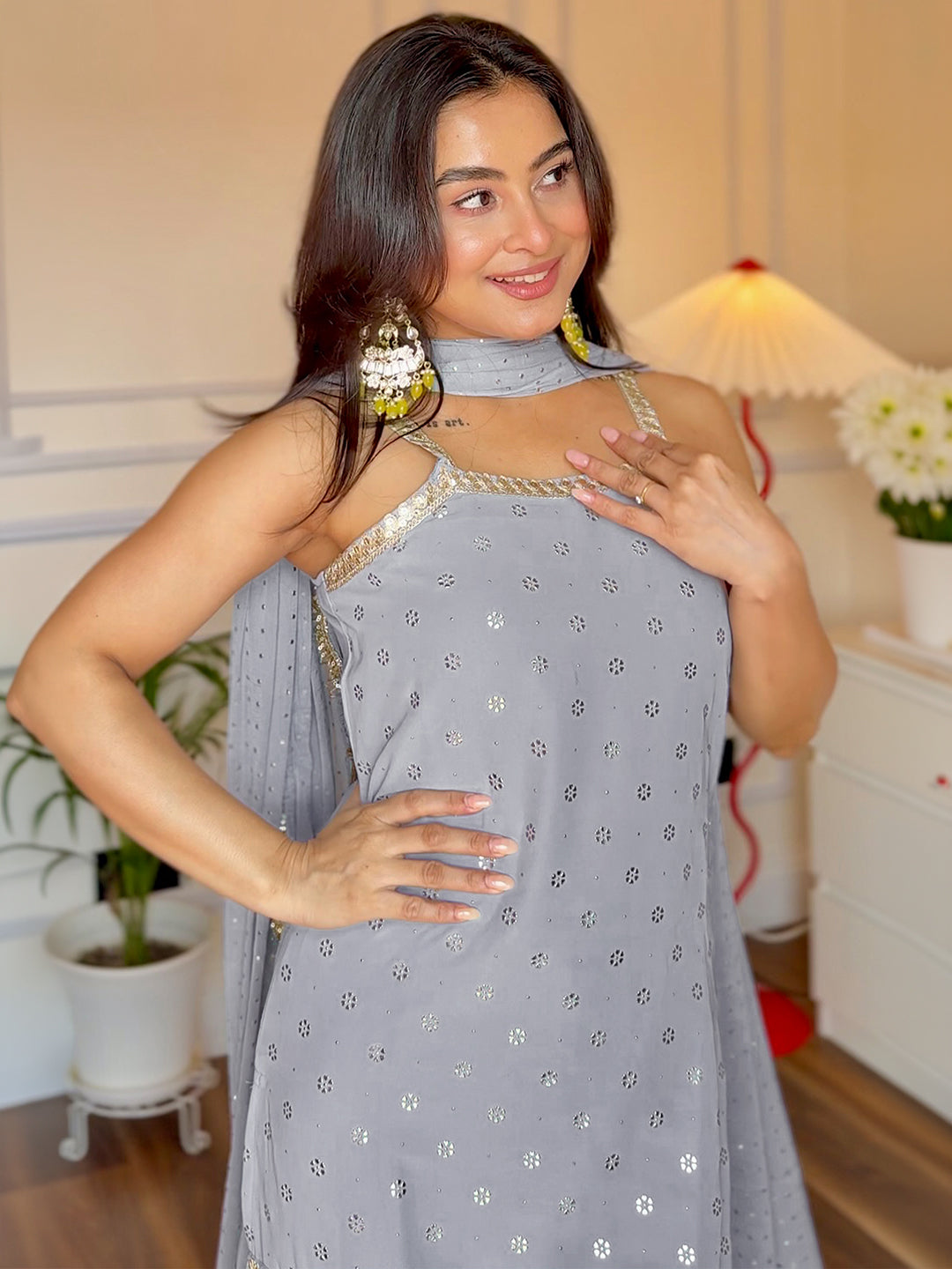 Janasya Women's Grey Blue Georgette Floral Embroidered Gold Foil Printed Straight Kurta with Sharara and Dupatta Set