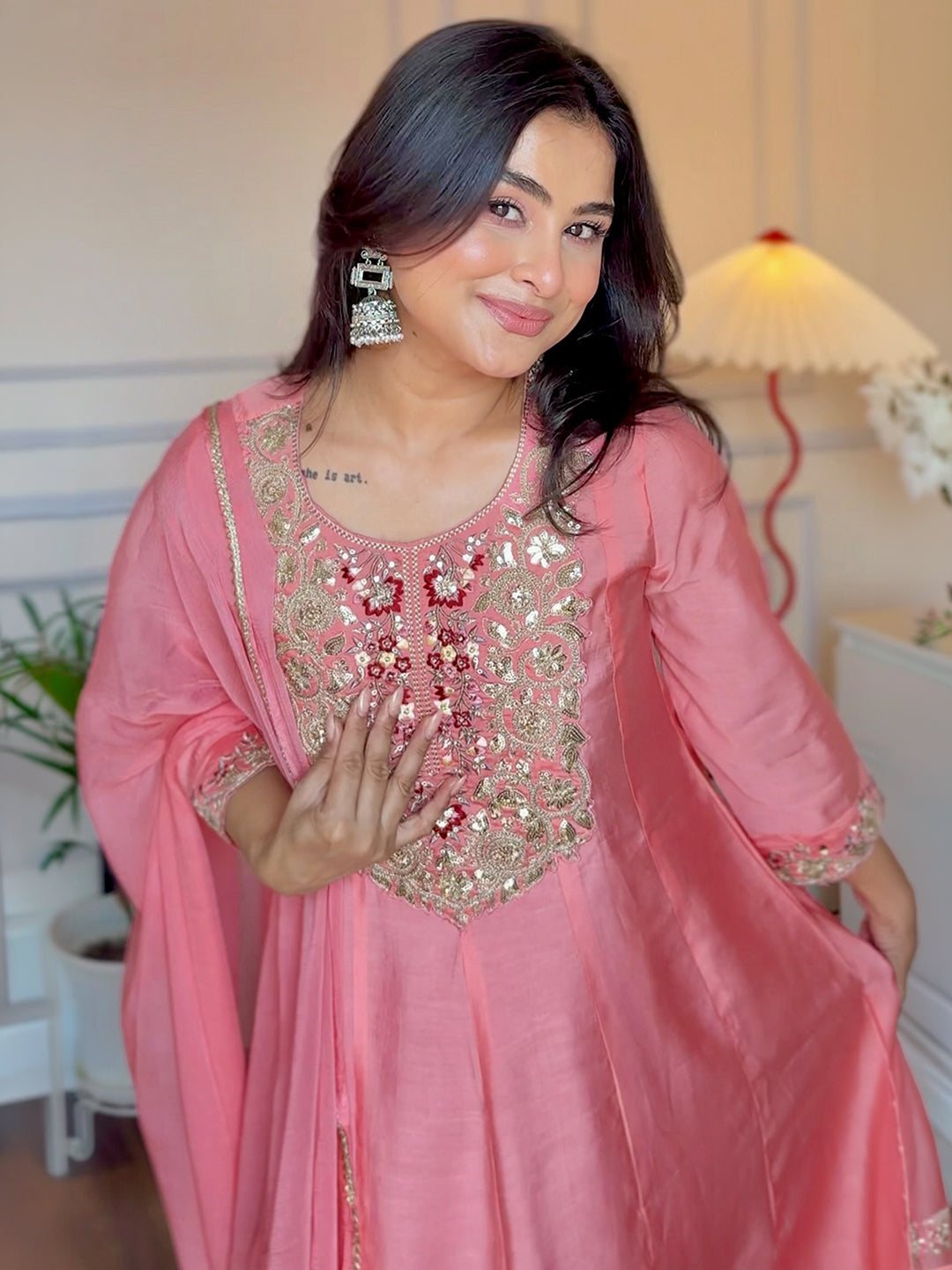 Janasya Women's Light Pink Chanderi Silk Zari Yoke Embroidered Anarkali Kurta Set