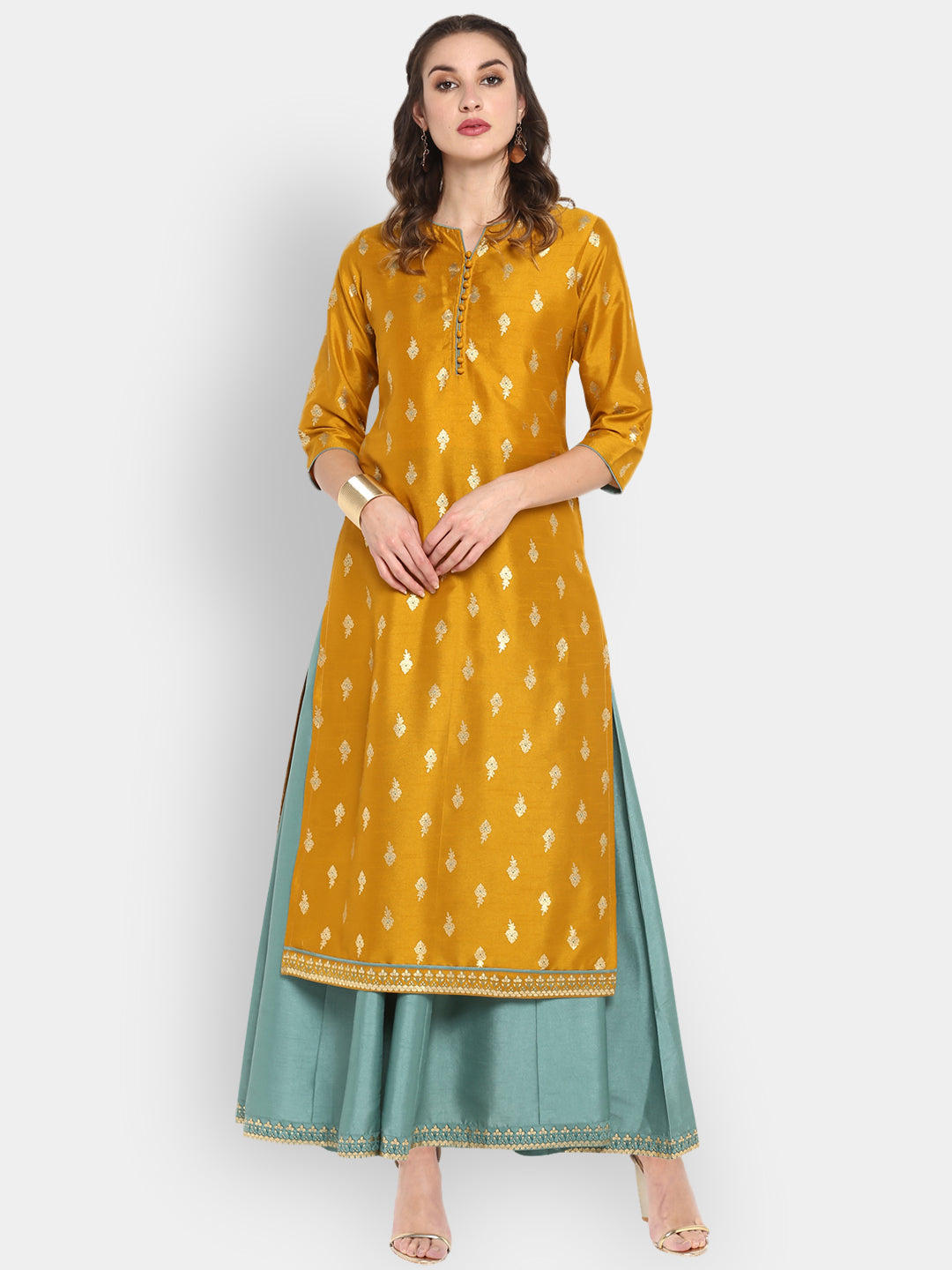 Janasya Women's Mustard Silk Blend Foil Printed Anarkali Ethnic Dress