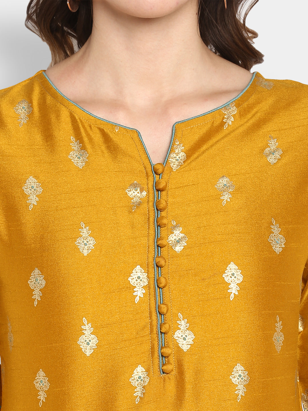 Janasya Women's Mustard Silk Blend Foil Printed Anarkali Ethnic Dress