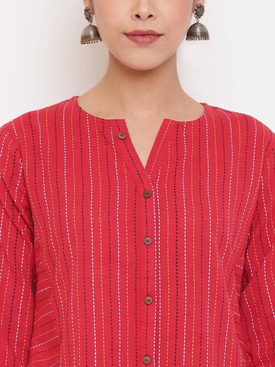 Red Cotton Woven Design A-Line Top