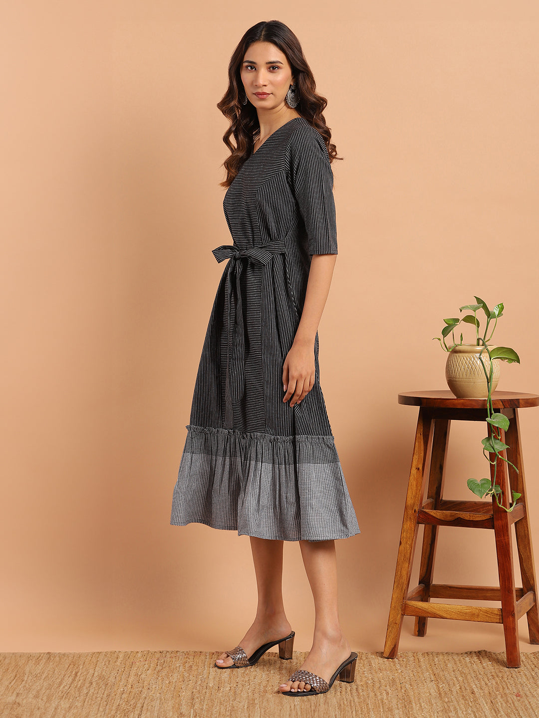 Black Cotton Striped Flared Western Dress