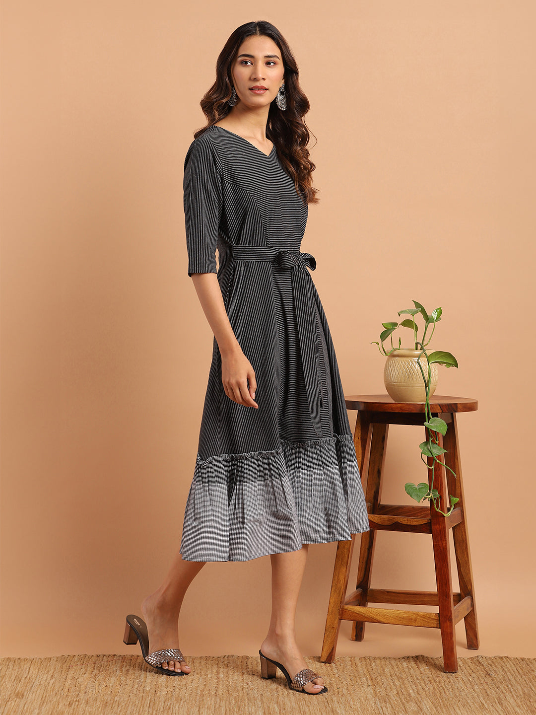 Black Cotton Striped Flared Western Dress