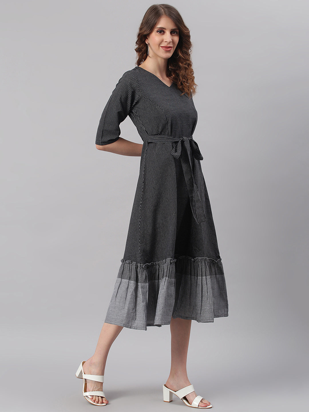 Black Cotton Striped Flared Western Dress