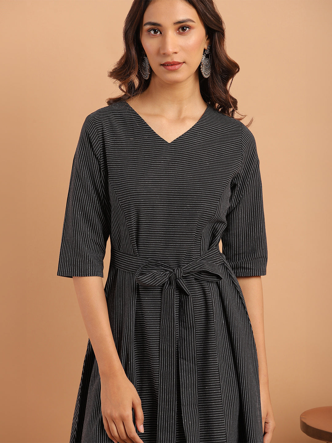 Black Cotton Striped Flared Western Dress