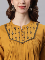Mustard Cotton Flex Embroidered A-Line Top
