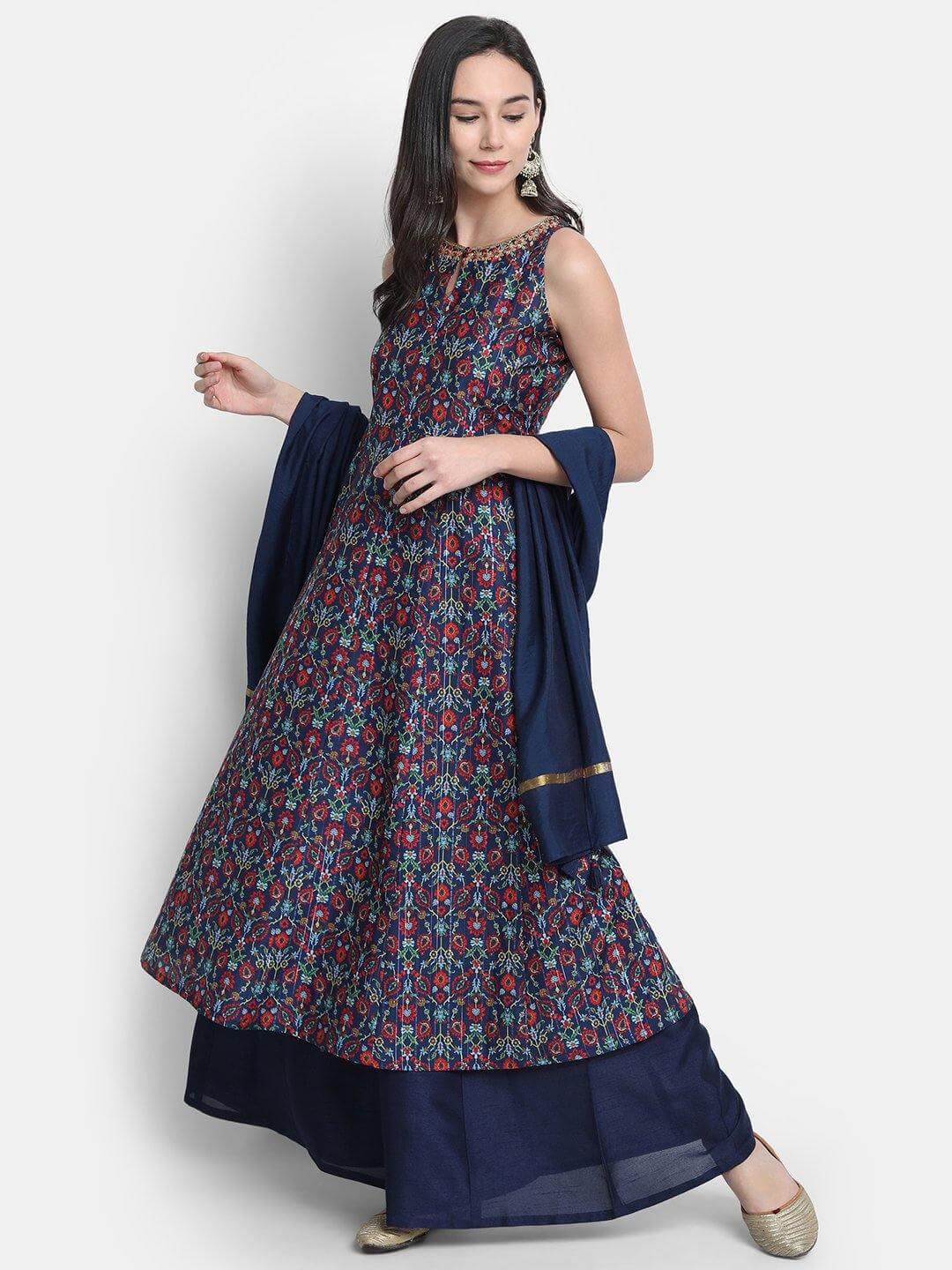 Blue Poly Muslin Embroidered Kurta with Palazzo and Dupatta