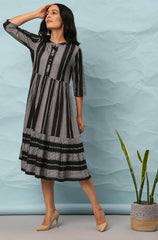 Black Cotton Striped Flared Western Dress