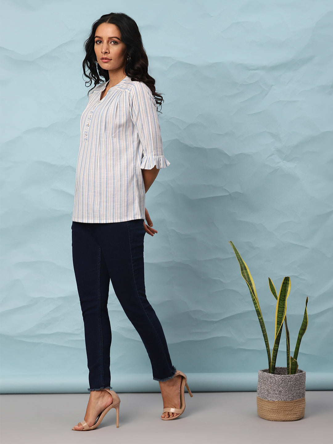 White Cotton Slub Striped Straight Top