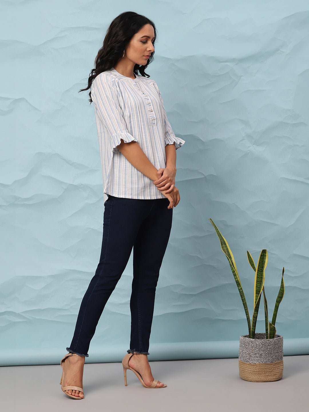 White Cotton Slub Striped Straight Top