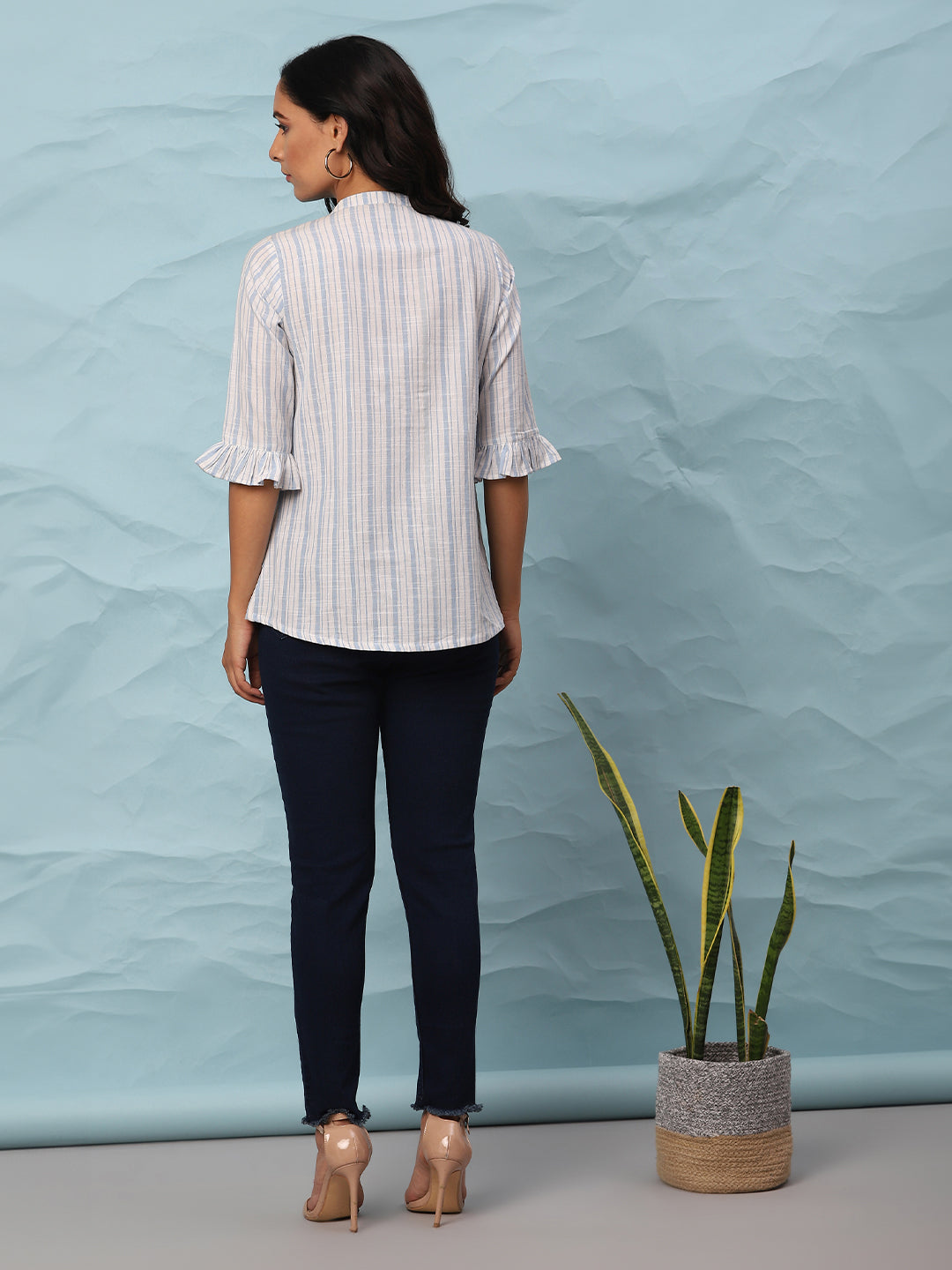 White Cotton Slub Striped Straight Top