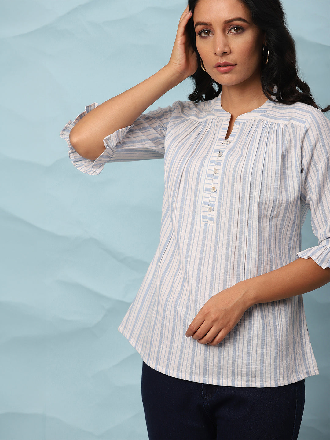 White Cotton Slub Striped Straight Top